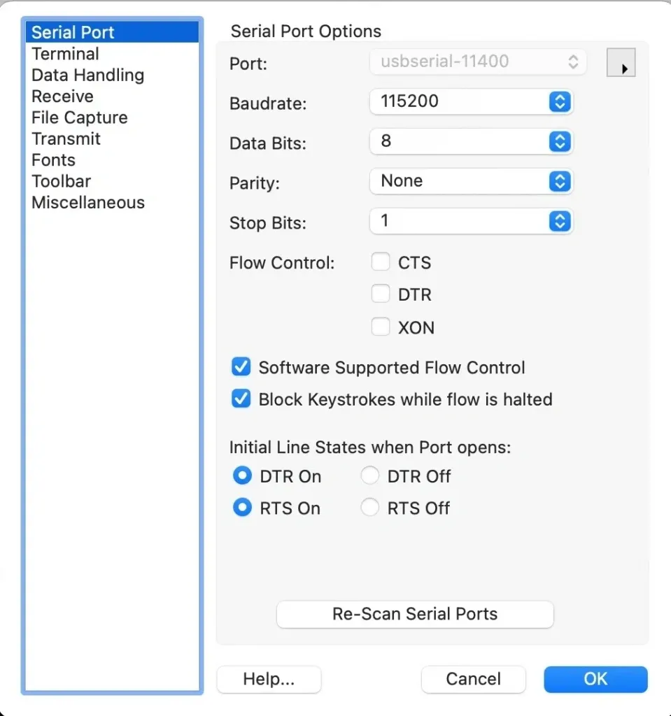 Coolterm UART settings