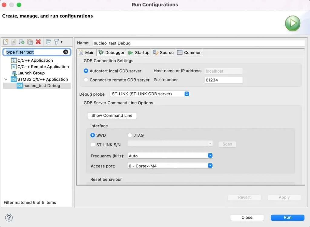 Run configuration debugger selection